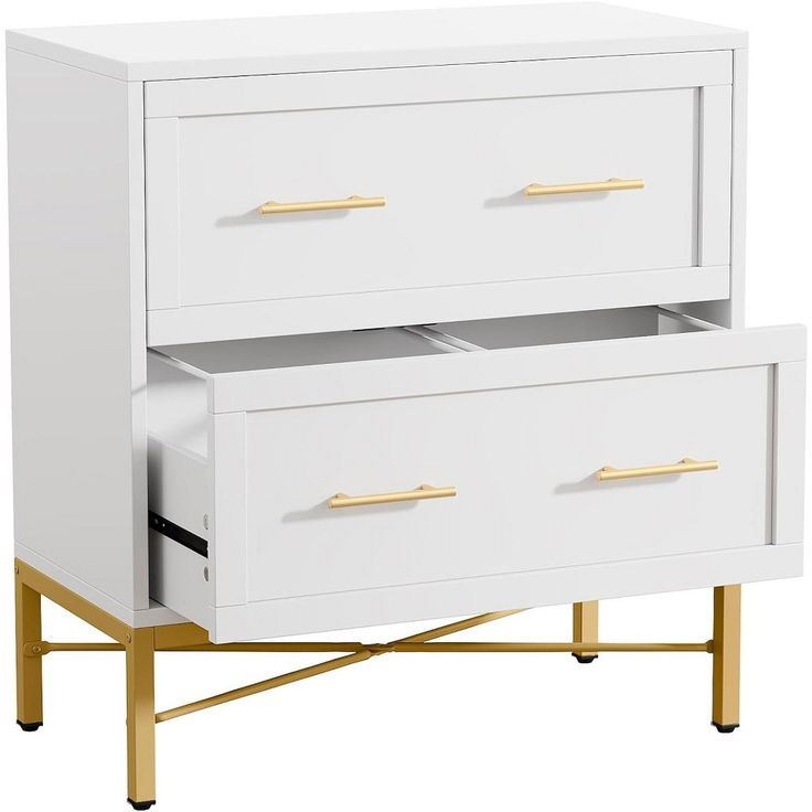 a white cabinet with two drawers and gold handles on the bottom, against a white background