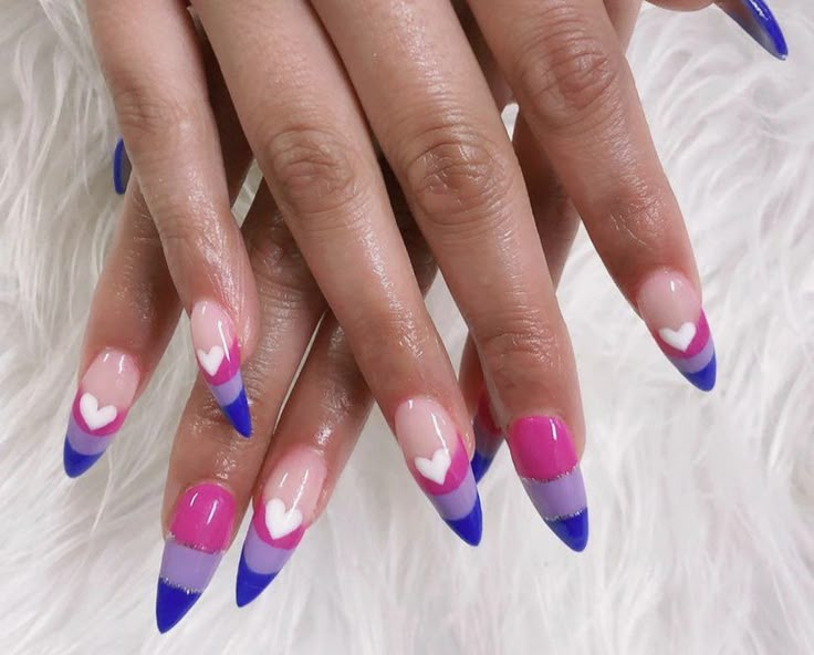 Bi Nails Designs, Simple Pride Nail Ideas, Bisexual Nail Designs, Pride Nails Bisexual, Non Binary Nail Art, Bisexual Flag Nails, Bi Nail Ideas, Bisexual Nails Acrylic, Trans Nails Designs