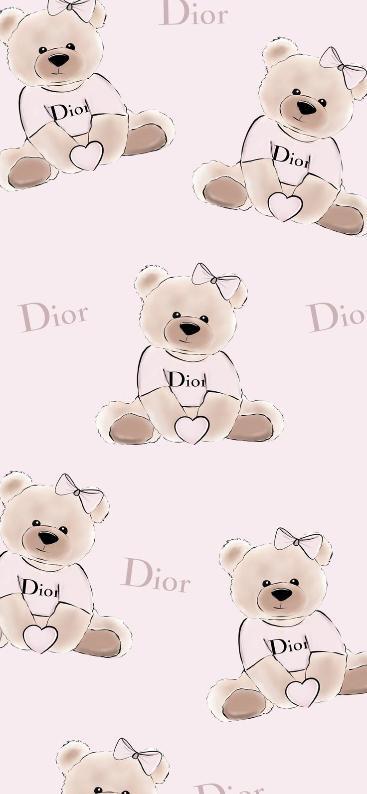 a teddy bear with the word dior on it's chest sitting in front of a pink background