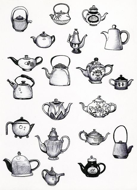 various teapots and kettles are shown in this black and white drawing on paper