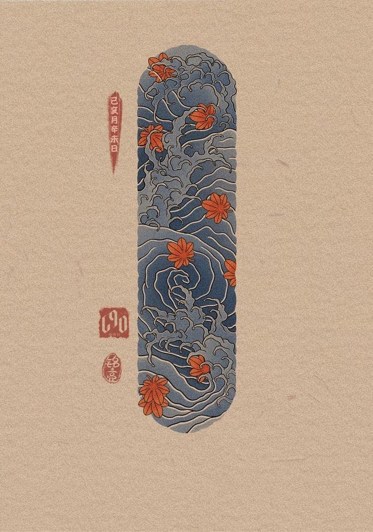 an image of a skateboard with water and flowers painted on it's side