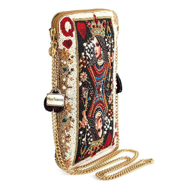 All hail the queen when you wear the couture queen of hearts playing card beaded mini masterpiece. Get ready for handbag envy!Product Deatails 6.25" x 0.75" x 9.25" Strap Length End to End: 49" Strap Drop: 23" Removable crossbody chain strap, zipper closure, inside pocket, back pocket, metal logo fob, fits a phone This is a handmade item, each one an individual work of art. Slight variations may occur. Video Unusual Handbags, Novelty Handbags, Silk Ribbon Embroidery Patterns, Hearts Playing Cards, Novelty Purses, Big Handbags, Vintage Evening Bags, Equestrian Jewelry, Mary Frances