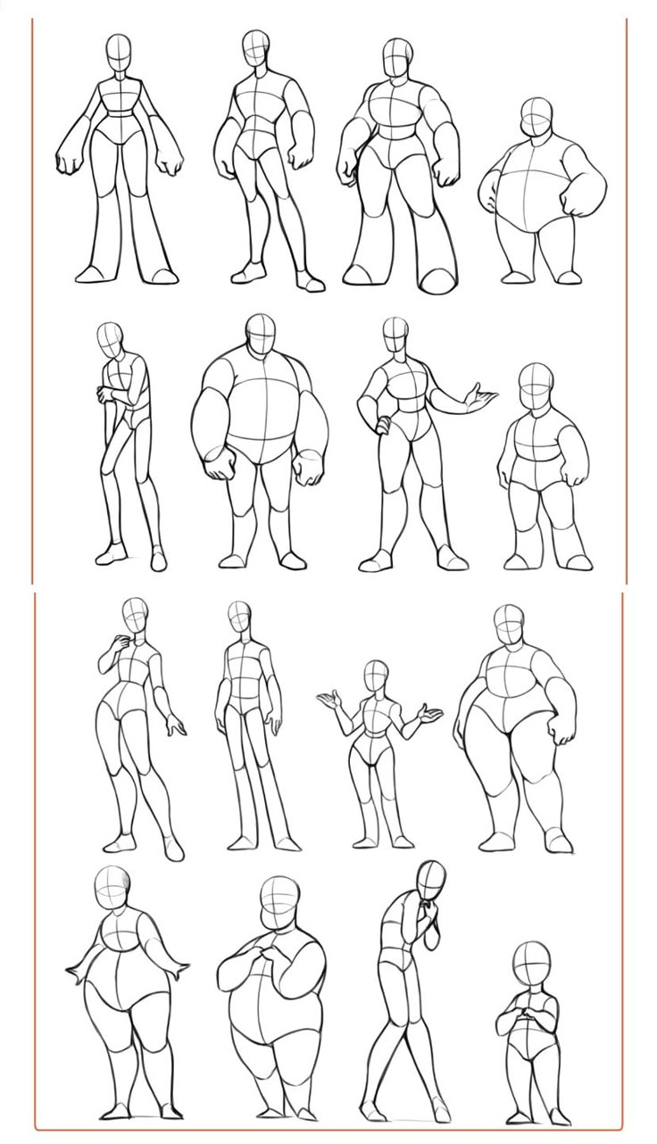 an image of different poses and body shapes for the character model sheet, with text below