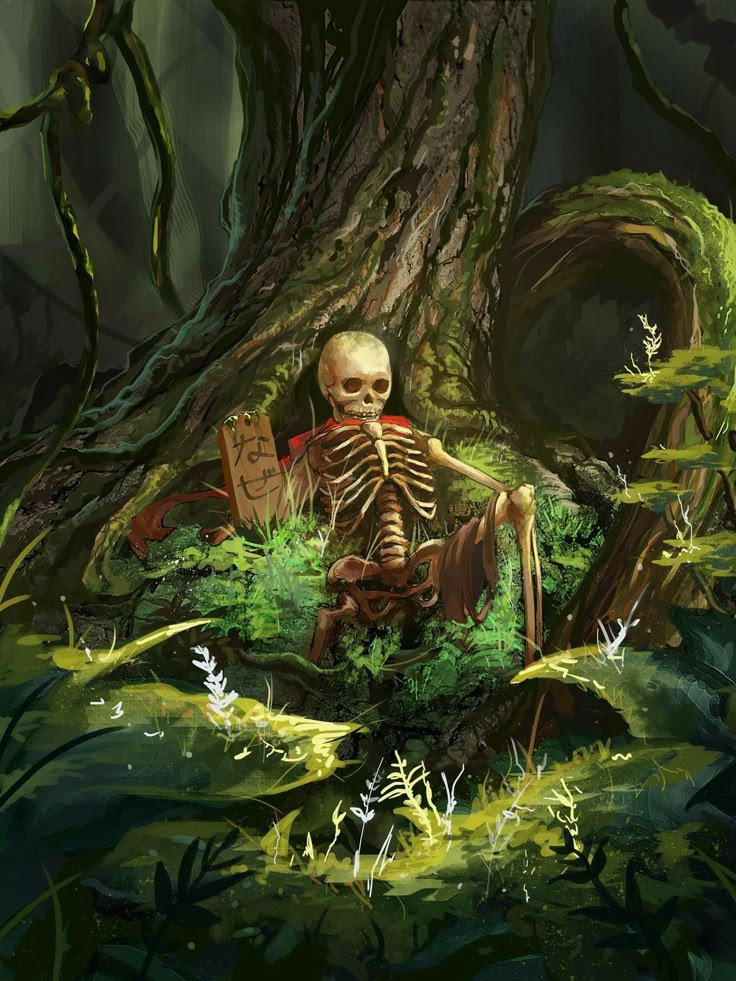 a skeleton sitting on the ground next to a tree with a sign in its mouth