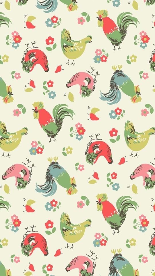 colorful roosters and flowers on a white background with pink, green, blue, yellow, red