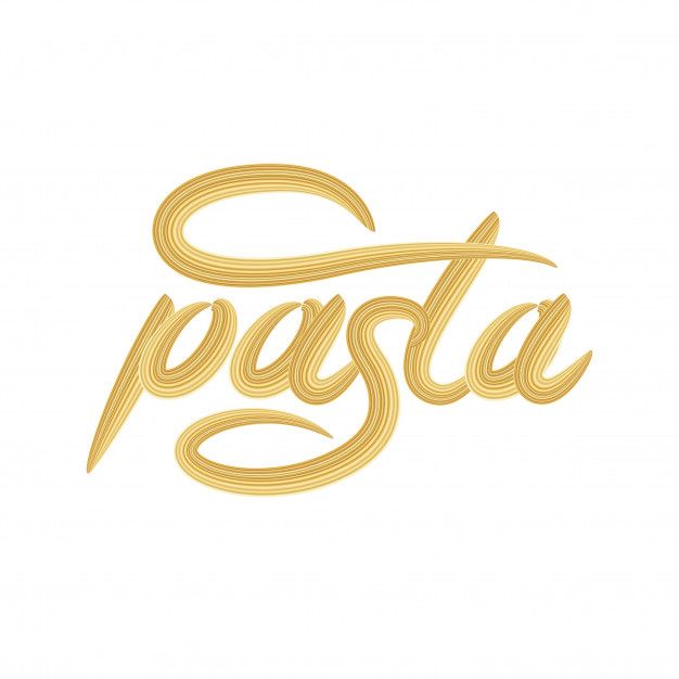 the word pasta written in cursive writing on a white background with gold lettering