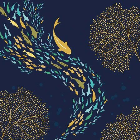 an image of fish in the water with trees and plants around it on a dark blue background