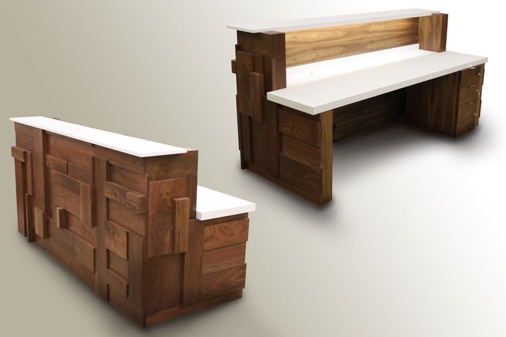 a bench and counter made out of wood