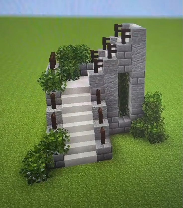 an image of a castle with stairs and trees in the front ground level, made out of minecraft