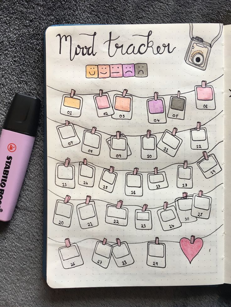 Journaling Ideas Mood Tracker, Bujo Monthly Page Ideas, Diary Mood Tracker, Cute Mood Tracker Ideas, Aesthetic Mood Tracker Ideas, Pink Mood Tracker, Mood Tracker Journal Ideas, Camera Bullet Journal, Diary Book Ideas