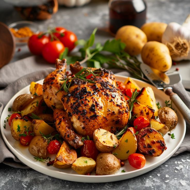 a white plate topped with chicken, potatoes and tomatoes next to other food items on a table