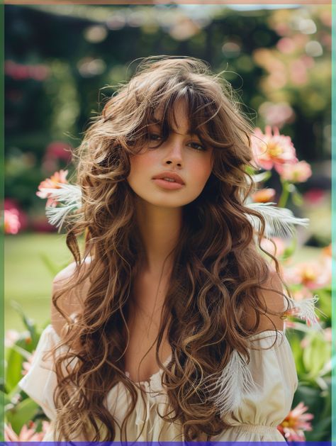 Long Curly Haircuts Round Face, Hairstyles On Wavy Curly Hair, Best Long Curly Haircut, Long Bangs For Wavy Hair, Curly Brown Hair With Curtain Bangs, Bangs On Long Curly Hair, Curly Long Layers With Curtain Bangs, Curly Hair Long Haircut, Bangs Hairstyles Curly Hair