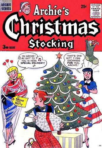 an old comic book with a christmas tree and two women talking to each other on the cover