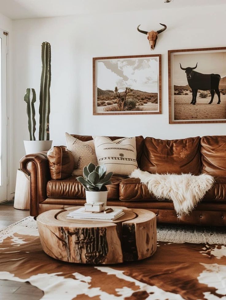 a living room with leather couches and cow hide rugs on the floor next to two framed pictures