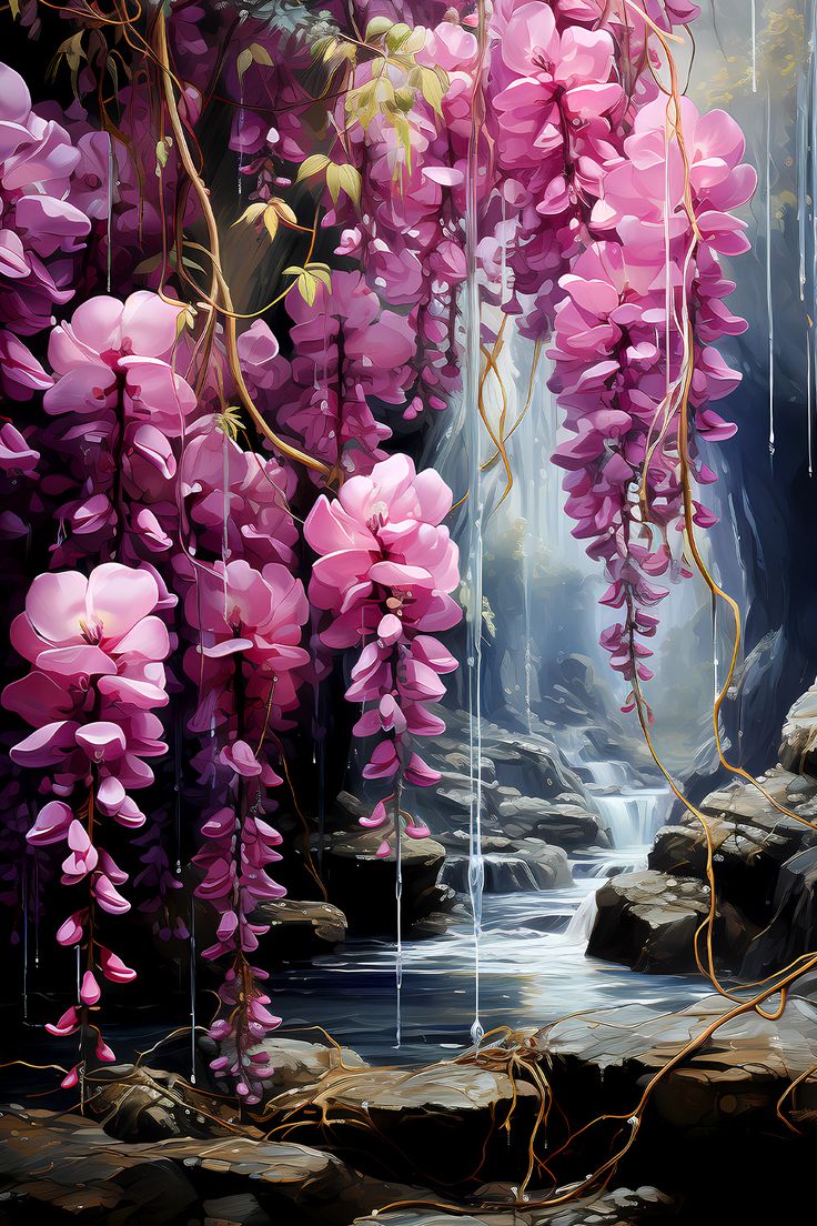 a painting of pink flowers hanging from the side of a waterfall