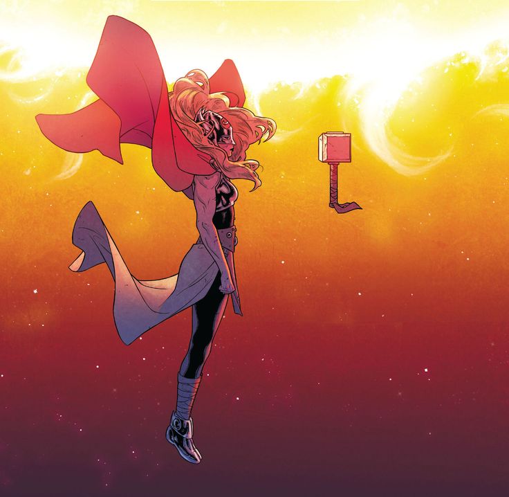 a woman flying through the air with a red cape over her head and an orange sky in the background