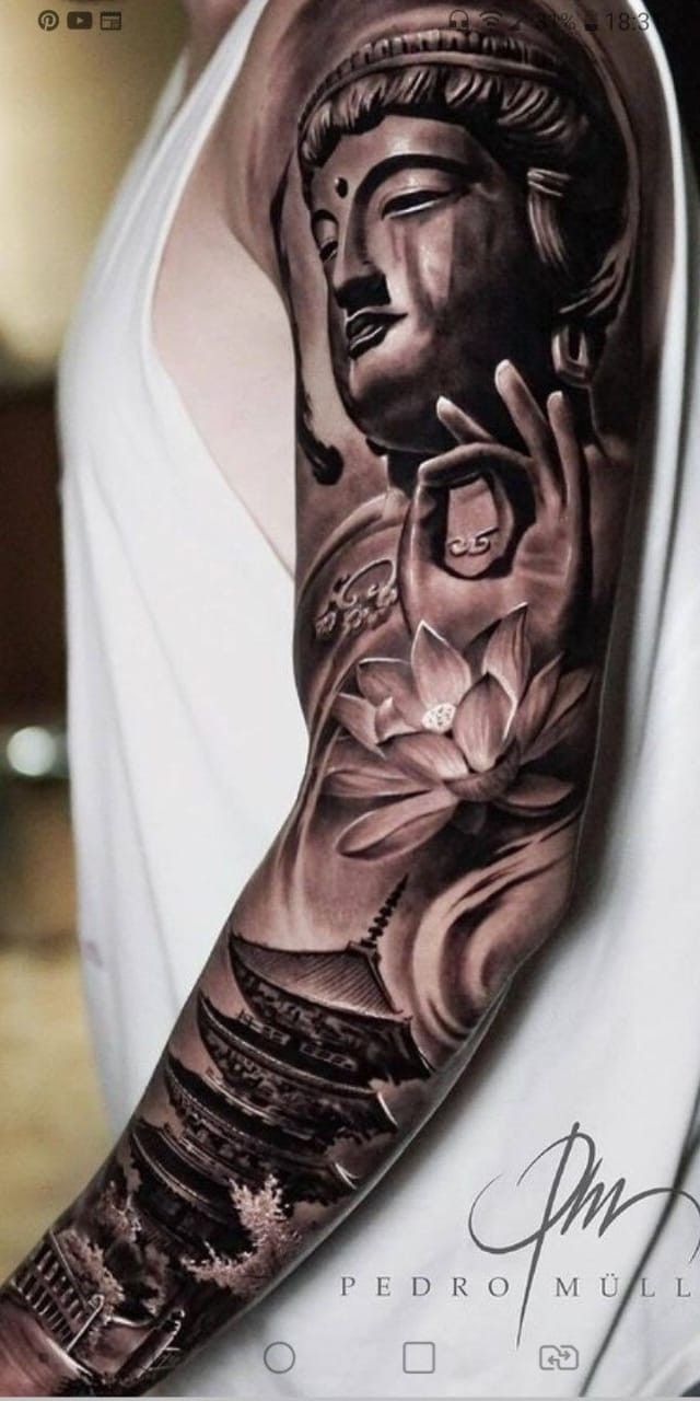 a man's arm with a buddha tattoo on the left side of his arm