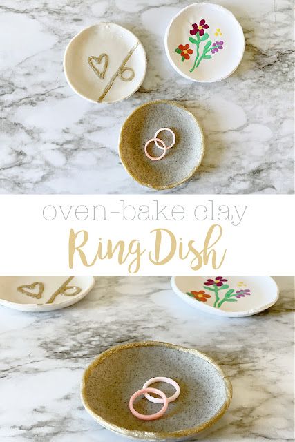 three bowls with rings in them and the words oven - bake clay ring dish