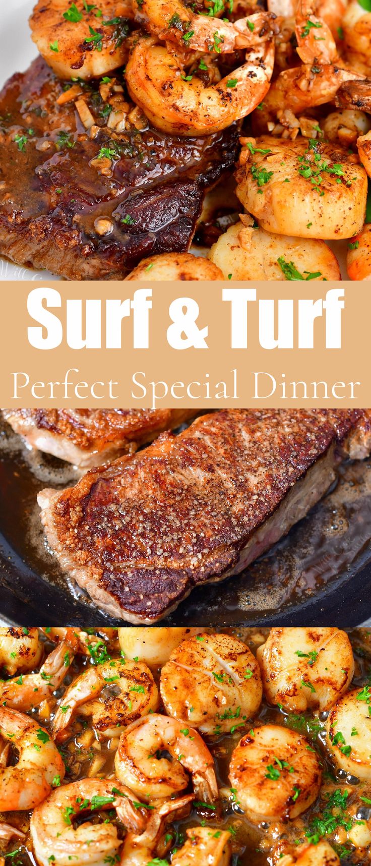 steak and shrimp are served in a skillet with the words surf & turf on it