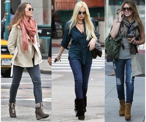 diff ways to wear boots with skinny jeans | Celebrities Wear Skinny Jeans in Wedge Wedges Outfit Casual, Wedge Boot Outfit, How To Wear Wedge Boots, How To Wear Wedges Outfits, Wedge Boots Outfit, Winter Fashion Jeans, Wedges Outfit, Western Dresses For Women, Winter Boots Outfits