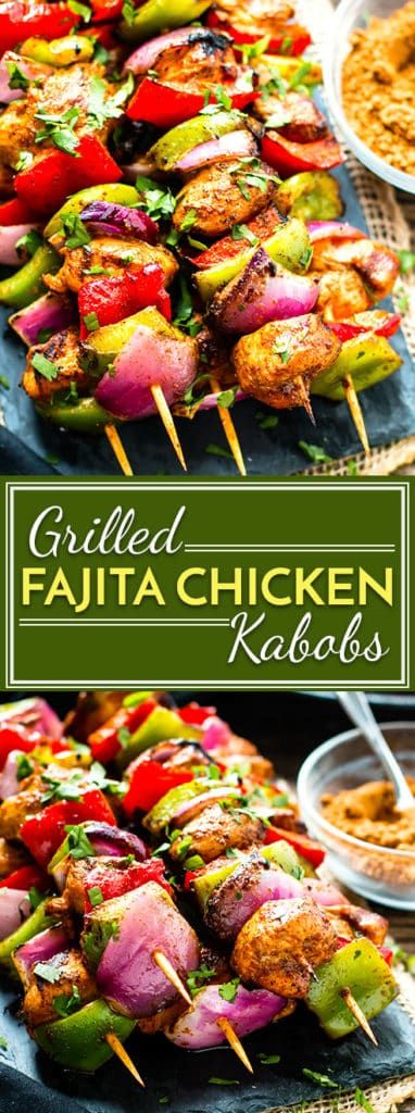 grilled fajita chicken kabobs are served on skewers with salsa