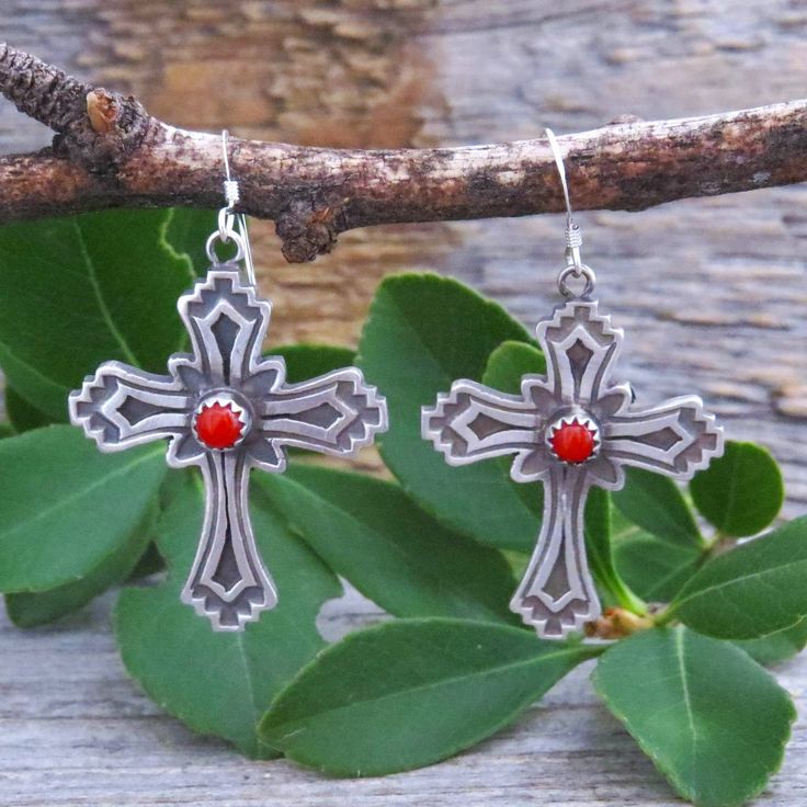 These Native American Navajo Red Coral Sterling Silver Cross Dangle Earrings Make A Real Statement. Wear These Dramatic, Light Weigh Earrings For True Southwest Style. Perfect For All Lengths And Styles Of Hair. The Cross Is A Symbol That Has Sacred Meanings In All Cultures. These Cross Earrings Display Reverence, Respect And Worship As Well As Being A Beautiful Work Of Art. Artist: Louise Joe, Native American Navajo Artist Shop Hallmark Sterling Silver Measures: 1 7/8" (Including Ear Wire) By 1 Earrings Display, Native American Earrings, Southwest Style, Earring Display, Cross Earrings, Sterling Silver Cross, Silver Cross, Native American Jewelry, Red Coral