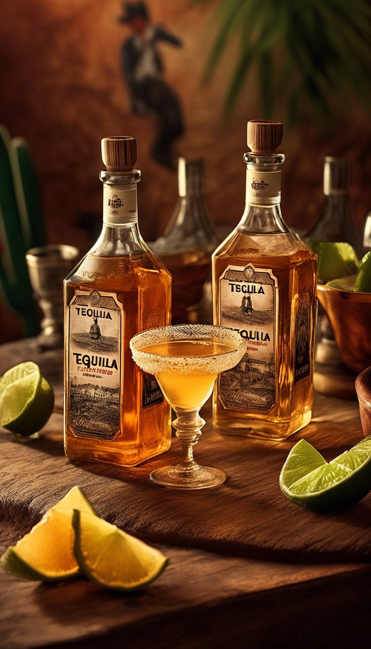 three bottles of tequila sitting on top of a wooden table next to limes and glasses