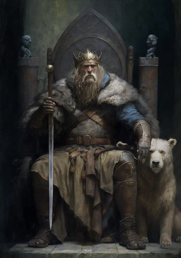 a painting of a man sitting on a throne with two bears