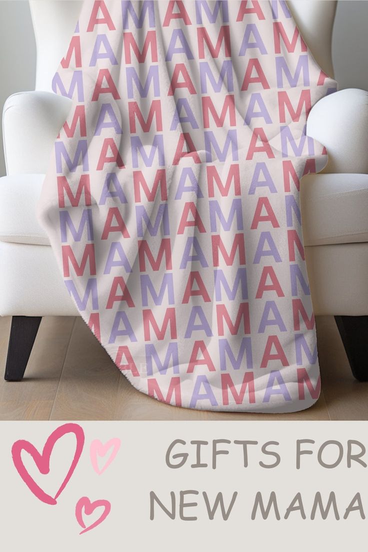 a white chair with a pink and purple blanket on it that says, gifts for new mama