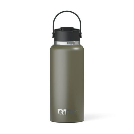 thermos water bottle is shown in grey and black, with an insulated lid