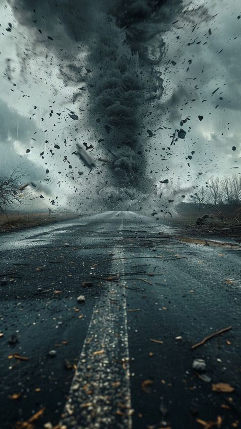 an image of a very large tornado coming out of the sky over a road that has fallen leaves on it