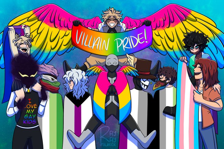 cartoon characters standing in front of a sign that says villain pride