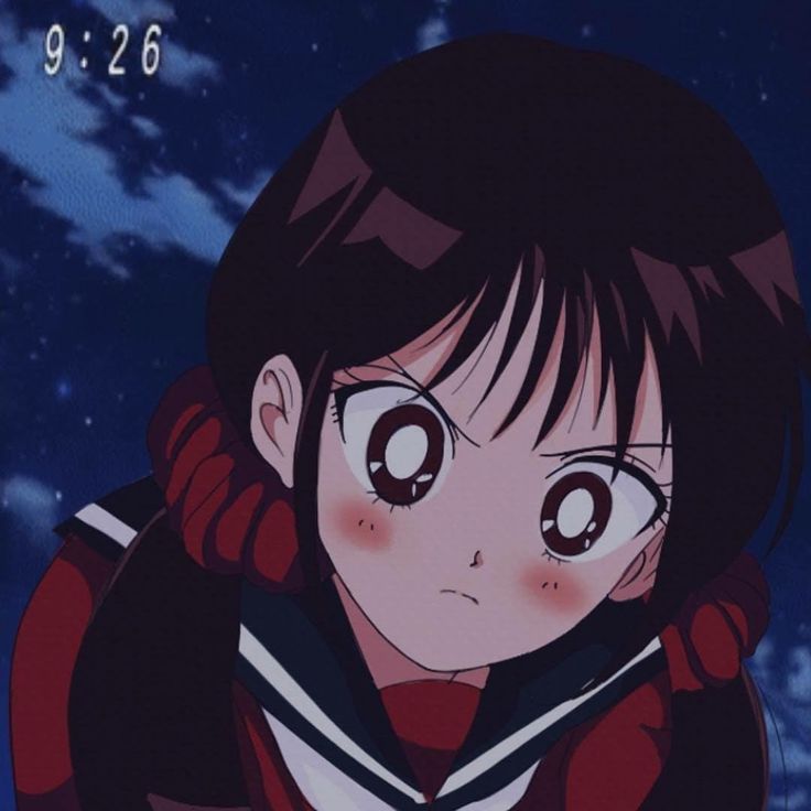 an anime character with big eyes staring at the camera, in front of a night sky