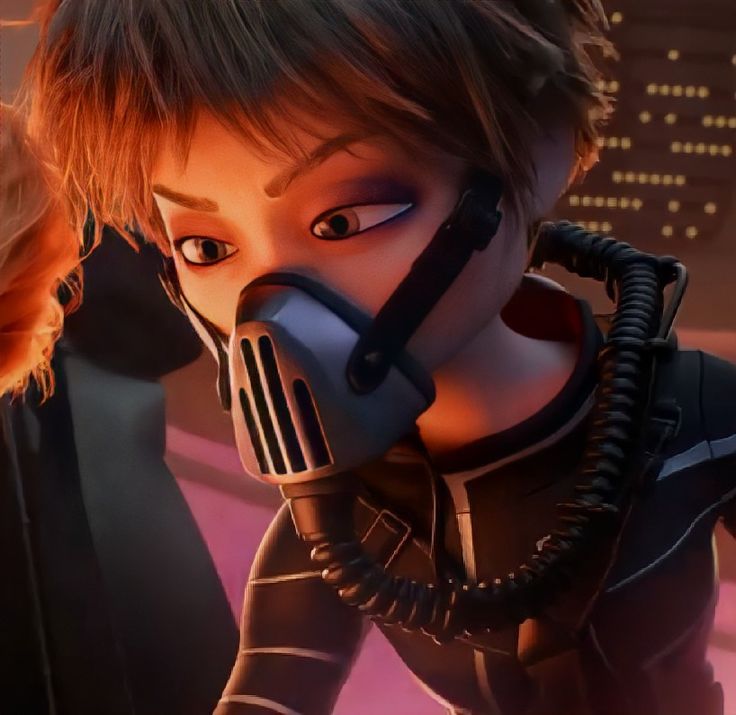 an animated character wearing a gas mask and holding a cell phone to his ear, with city lights in the background