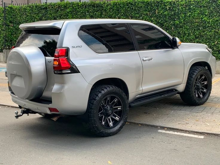 the rear end of a silver truck parked in front of a hedge