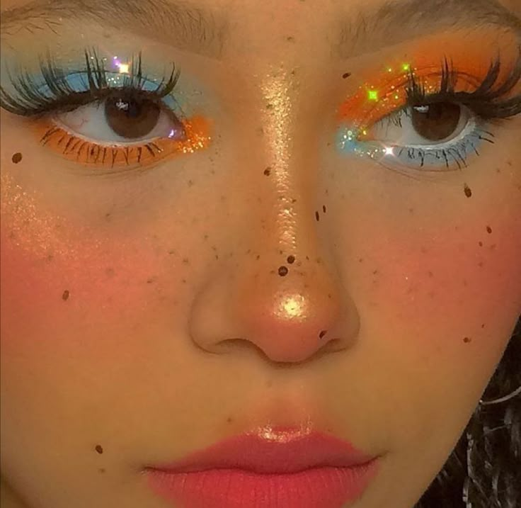 Vibrant Neon Make Up Inspo | Follow me for similar content! Pinterest: @bunniegotlost Twitter : @stonedbunniie Tiktok: @bunnyyysworld Funky Eyeshadow, Funky Makeup Creative, Sleepover Makeup, Hippie Makeup, Shower Makeup, Looks Hippie, Heartbreak High, Ladybug Und Cat Noir, Funky Makeup