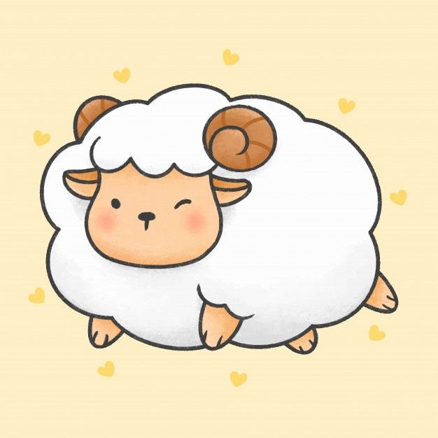 a sheep with white fur and brown horns on it's head is standing in front of hearts