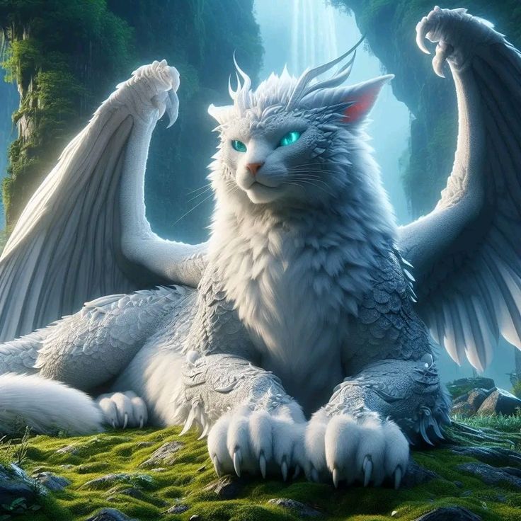 a white cat with blue eyes sitting on the ground in front of an angel like creature