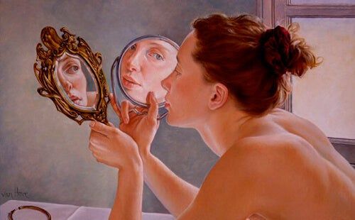 a painting of a woman looking at herself in the mirror