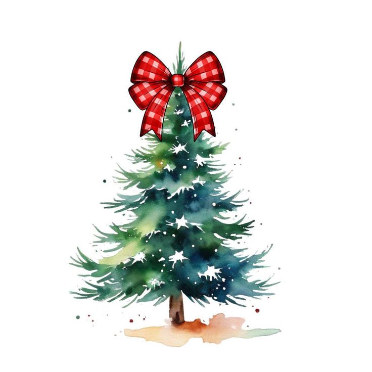 a watercolor christmas tree with a red bow