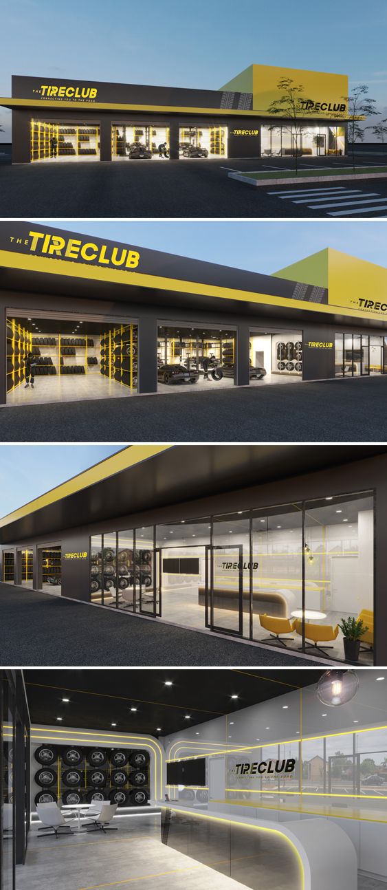 three different views of the front and side of a building with yellow lettering on it