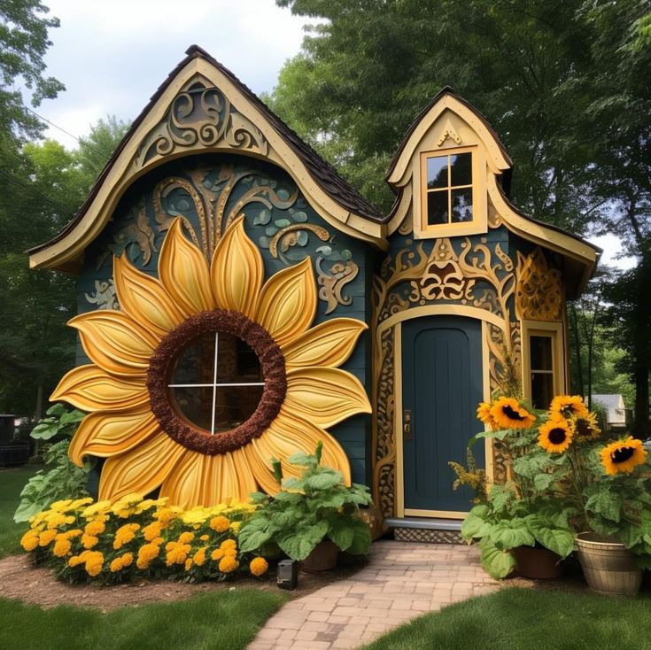 a house with sunflowers painted on the front and side of it's roof