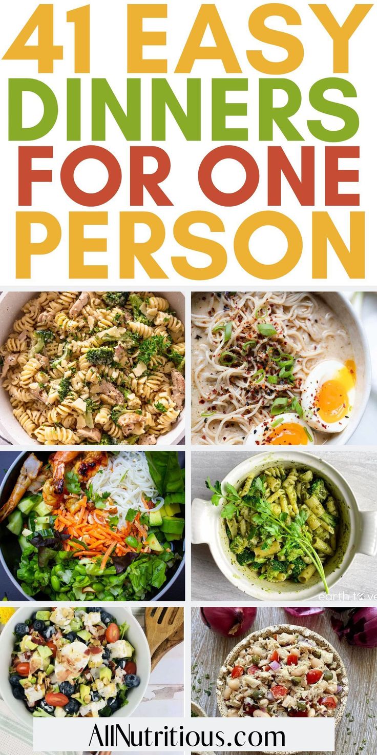 the four easy dinners for one person are shown in this collage with text overlay