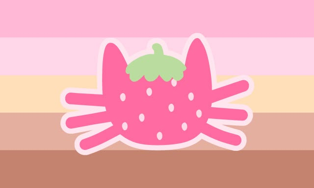 a pink strawberry sticker sitting on top of a brown and white striped wallpaper