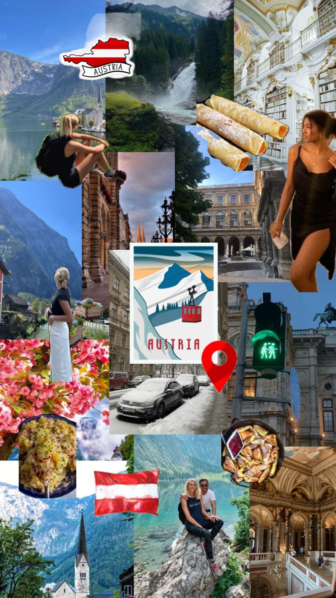 the collage has many different pictures and words on it, including buildings, mountains, and people