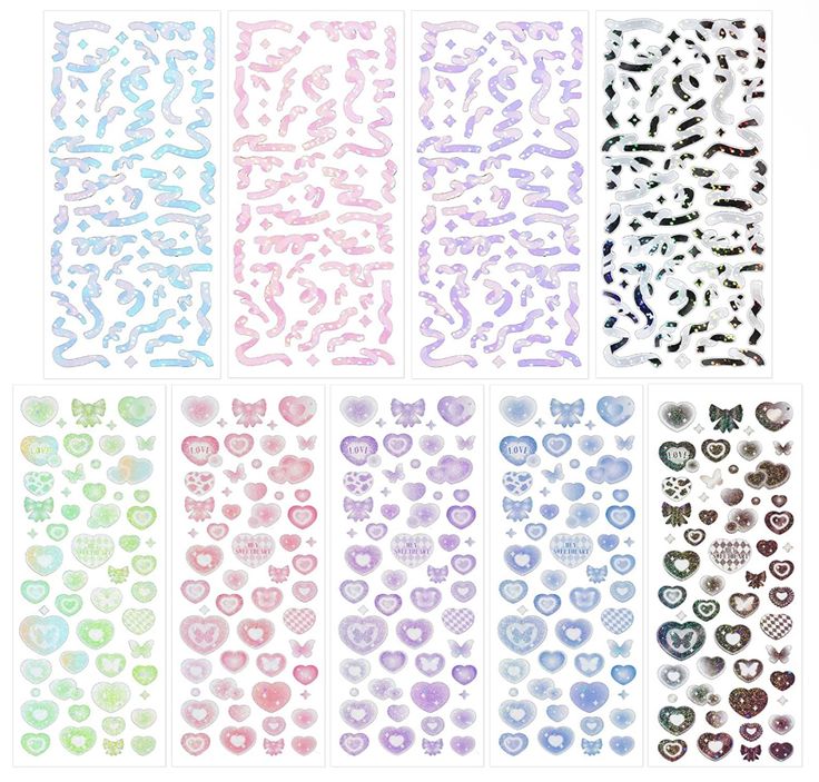 heart stickers are shown in different colors and shapes, including pink, blue, green,