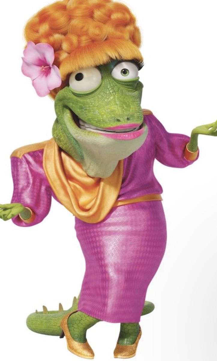 a cartoon frog wearing a pink dress and flower in it's hair with her hands out