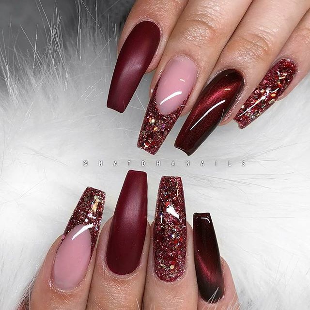 GORGEOUS coffin nail design with cats eye burgundy red and red glitter french tip! Beautiful nails by @natdhanails  Ugly Duckling Nails page is dedicated to promoting quality, inspirational nails created by International Nail Artists #nailartaddict #nailswag #nailaholic #nailart #nailsofinstagram #nailar Really Long Nails, Ballerina Nails Shape, Maroon Nails, Cream Face, Coffin Shape Nails, Burgundy Nails, Cat Eye Nails, Ballerina Nails, Beautiful Nail Designs