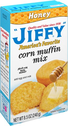 a box of jelly corn muffins with honey on the front and in the back