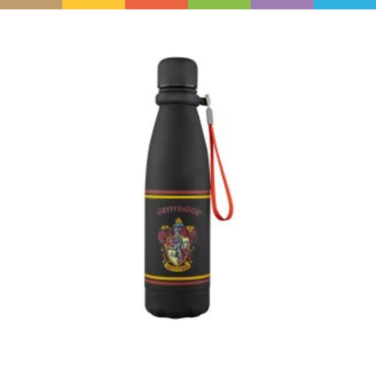 a black water bottle with the hogwarts crest on it and a red handle